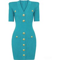 2665 High-quality Multi Color New Fashionable Knitted Elastic Fabric V-neck Slim Fit Short Sleeved Button Up Women Dress