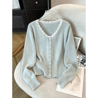 Lace Spliced Button V-neck Knit Cardigan, Soft Thin Casual Women Top for Spring & Autumn, Fashion Elegant Ladies Wear