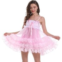 Adult French Sexy Suspender with Pink Lace Inlay and Patchwork Organza Sheer Dress Multi-layer Pleated Hem