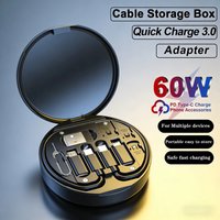 60W 6-in-1 Fast Charging Cable, USB-C/Type-C to USB/Lightning Portable Data Cord Storage Box for iPhone Samsung Huawei Xiaomi