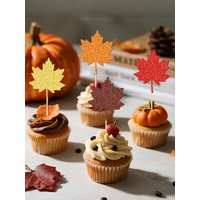 YOMDID 24Pcs Thanksgiving Fall-Themed Cake Toppers Bamboo Cupcake Toppers Glitter Maple Leaf Designs Fall Cupcake Decorations
