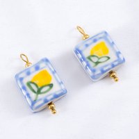 2pcs 304 Stainless Steel Ceramic Bead Pendant With Niche Hand-Painted Flower Pattern For DIY Bracelet Jewelry Making Supplies