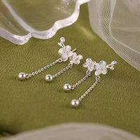 Real 925 Sterling Silver Exquisite Flower Round Bead Tassel Stud Earrings for Charm Women Romantic Fine Jewelry Accessories