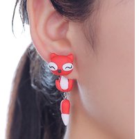 Handmade Red Fox Polymer Clay Stud Earrings For Women 3D Animal Ear Jackets Front Back Piercing Jewelry Cute Cartoon Fox Earring