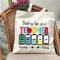 Teacher Battery Life Apple Pencil Color Letter Printed Canvas Tote Bag Handbag For Daily Commute Shopping And Short Travel Use