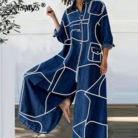 Imitation Denim Pattern Print Woman Jumpsuit Shirt Collar Long Sleeve Baggy Wide Leg Playsuits Casual Streetwear Overalls Romper