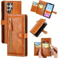 Faux Leather Flip Case with Zipper Pocket Cover for Samsung S24 Ultra/S23Plus/S22/S22+/S21/S20FE Cover Luxury Wallet Case Funda