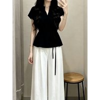 Korean Style Summer Fashion Set Black Short Sleeve T-Shirt Women's Wide Leg Pants Two-Piece Set Breathable V-Neck T-Shirt
