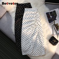 Botvotee Sexy Vintage Pokal Dot Print Trumpet Midi Skirt for Women Back Elastic Band Side Split Ruffles Long Black Skirt