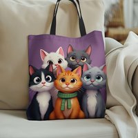 1pc Adorable Cartoon Cat Tote Bag - Durable Polyester, Vibrant Orange & White Kitten Design with Green Scarf