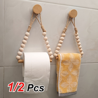 1/2 PCS Punch-Free Roll Paper Storage Rack Rustic Style with Hemp Rope Wooden Balls Adhesive Installation Toilet Paper Holder