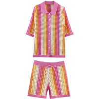 European and American style 2026 new summer women's fashionable and versatile hollow striped knitted jacket and shorts suit