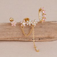 3PCS Stainless Steel Pink Zircon Flower Tassel Piercing Earrings Set For Women Heart-shaped Pendant Hoop Earings Wedding Jewelry