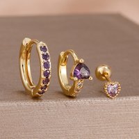3Pcs Fashion Cherry Pink Crystal Heart Hoop Earrings Set For Women 14K Gold Plated Stainless Steel Earring Girls Daily Jewelry