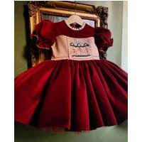 0-12Y Baby Girl Summer Merry-go-round Embroidery Vintage Princess Burgandy Dress for Birthday Holiday Eid Christmas B456