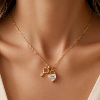 Lock and Key Heart Necklace for Women, Luxury Gold Plated Stainless Steel Zirconia Pendant, Valentine Gift
