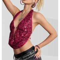 Leopard-print Sequin Top Y2K Tie-front Backless Crop Tops Halter Neck Tank Top Women Streetwear Trend Design Club Party T-shirt