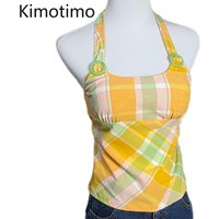Kimotimo Japanese Vintage Plaid Halter Vest Women Sexy Backless Sleeveless Slim Fit Crop Top Outerwear Y2k Spicy Girl Tanks Ins