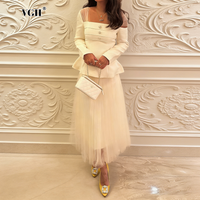 VGH Commute Elegant Two Piece Set for Women Off One Shoulder Slim Decorative Buttons Peplum Top Tulle Skirt for Wedding Guest