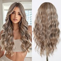HENRY MARGU Brown Curly Synthetic Wig with Bangs Blonde Highlight Long Wavy Wigs Daily Party Heat Resistant Fake Hair for Women