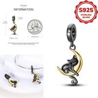 Plata De Ley 925 Silver Kitten Holding the Moon Charms Beads Womens Original Bracelets DIY Jewelry Pendants Fine Gifts