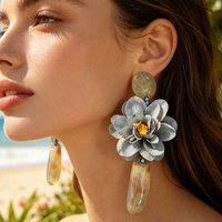 Handmade Gray Peony Floral Long Drop Earrings,Swirl Marble Resin Ear Stud Irregular Elongated Resin Pendant Statement Earrings