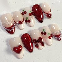 24pcs Red Cat Eye Press on Nails Pearl Heart Stick on Nails Bow French Fake Nails Sweet Cute Flower Nail Almond 3D False Nail