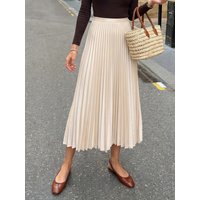 HH Women Elegant High Waist Satin Pleated Skirt Fashion Beige A-Line Midi Skirt 2026 Summer Casual Street Wear Long Skirt