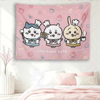 Chiikawa Cafe Chef Tapestry, Pink Background Hachiware Chii Usagi Bakery Cartoon Wall Hanging Bedroom Decor