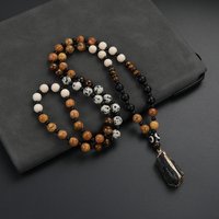 Vintage Natural Stone 8mm Round Beads Picture Stone Tiger Eye Beaded Pendant Necklace for Men and Women