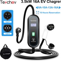 Przenośna ładowarka Teschev 3.5kW Typ 2 IEC62196-2 do samochodów elektrycznych, kabel ładujący EVSE Typ 1 SAE J1772, Wallbox, wtyczka EU