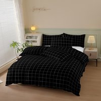 Luxurious Thickened Quilt Cover Set with 2 Pillowcases + 1 Quilt Cover, Polyester Fiber Black Checkered Geometric Print Bedspread 3-Piece Set, Ultra-Soft and Comfortable Polyester Breathable Bedding
