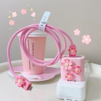 Cute Pink Cherry Blossoms Cartoon Charger Case Compatible for iPhone 18W/20W USB-C Power Adapter And Lightning Cable 3D Soft