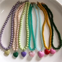Kpop Resin Candy Color Heart Pendant Glass Beaded Short Choker Collar Neck Necklace Aesthetic Charm Jewelry Y2K Accessories