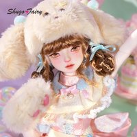 ShugaFairy Mochi C 1/4 BJD Doll FullSet Sweet Floppy-Eared Hat Girl Figure Include Shoes Furry Lolita Clothes Ball Jointed Doll
