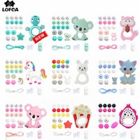 LOFCA Silicone Teether Wood Beads Set BPA Free DIY Baby Teething Necklace Toy Cartoon Koala Raccoon Pacifier Chain Clip