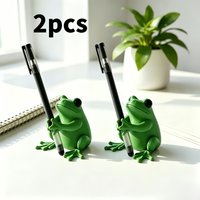 1pc/2pcs Cute Frog Pencil Holder Set, Adorable Resin Frog Hugging Pencil Holder, Fun Cartoon Animal Desktop Organizer,