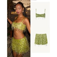 Sexy Tassel Sequins Vest Short Skirt Women Crop Sling Vests Short Hip Package A-line Skirts 2026 Summer Lady Beach Party Outfits