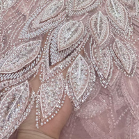 Pink Leaf Applique Embroidery Sequins Tube Bead Lace Fabric High Quality French Tulle Lace For Wedding Bridal Party Dress Sewing