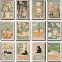 Scottish Cat in A Bathtub Poster Print Black Cat Tabby Cat Eating Ramen Canvas Painting Japanese Wall Art Bathroom Kitchen