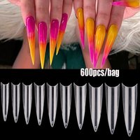 600Pcs Super Long Fake Nails (29-42mm)Clear/Natural Ghost Tip False nails Half Cover DIY Acrylic Ballerina Pointed Nail Tips