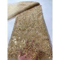2026 Gold Hot Sale Fadhion Design Africa Glitter Fabric Embroidery Net Lace With Glued Glitter Sequins Wedding Or Party Dress