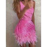 Fashion Slim Women's Vacation Outfits Summer New Sequins Mini Skirts Suits Chic U Collar Tank Tops&Tassel Feather Skirts Sets