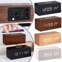Alarm Clock LED Digital Wooden USB/AAA Powered Table Watch with Temperature Wireless Charging Electronic Desk Clocks