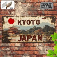 2D Flat Printing Vintage Distressed "KYOTO JAPAN" with Kinkaku-ji Temple & Mount Fuji Illustration Aluminum Tin Painting, Licens