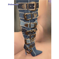 Punk Buckle Denim High Heel Boots,Pointed Toe Zipper Knee Boots Stiletto Motorcycle Boots for Women 2024 New Zapatos Para Mujere