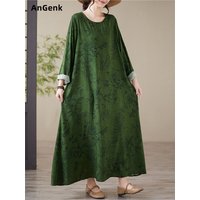 Spring Autumn Cotton Vintage Print Long Sleeve Dresses For Women Casual Loose Dress Office Lady Work Femme Robe Vestidos Clothes