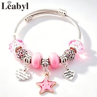 Cute Pink Crystal Women Charm Bracelet Silver Plated Love Heart Flower Bead Pendant Bangle for Casual Couple Beach Jewelry Gift