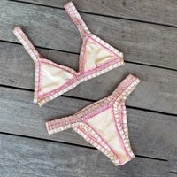Rosa Häkel-Bikini 2025, sexy Damen-Badeanzug, weibliche Bademode, Mikro-Bikini-Set, Bandeau-Badeanzug, Strandmode, brasilianischer Biquini