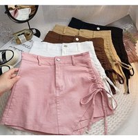 Korean style pink denim skirt female summer new design sense irregular drawstring casual fashion temperament slim A-line skirt.